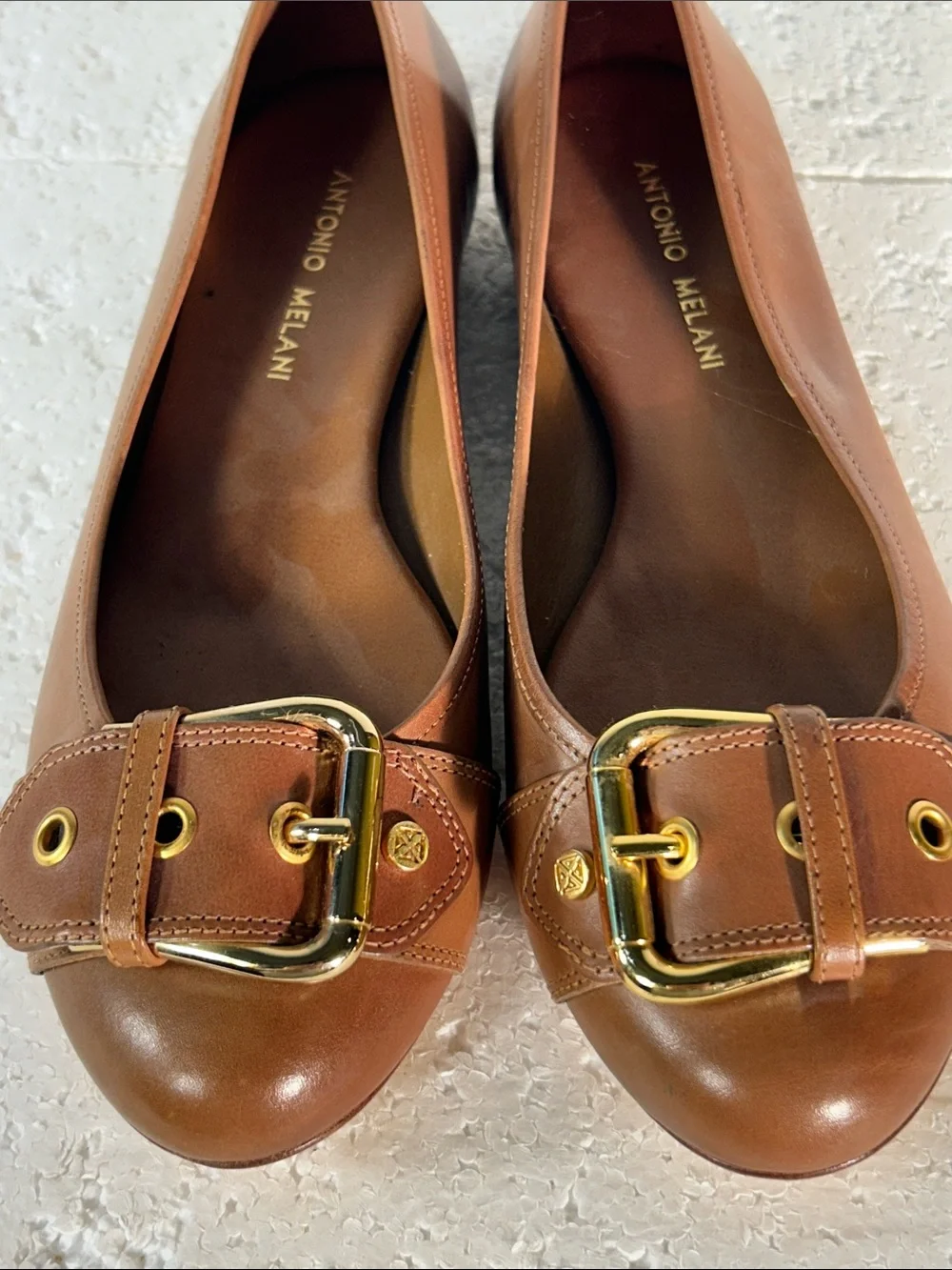 Antonio Melani SZ 8 Brown Leather Ballet Flats Buckle Old Money Staple Academia